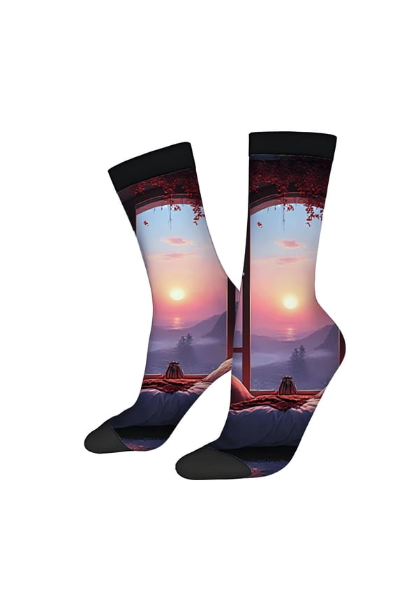 Unisex Trendy Socks (2 Pairs) - Scenic Sunset & Mountain Design Cozy Fireplace Pattern Soft Colors for All Seasons