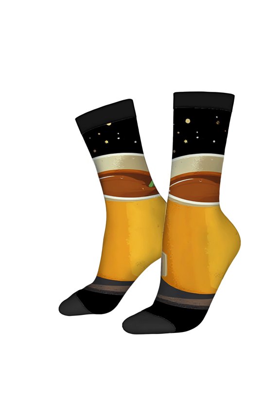 Unisex Trendy Socks - 2 Pairs Starry Night & Amber Drink Design Black Toe & Heel Gradient Yellow Top Perfect for All Seasons