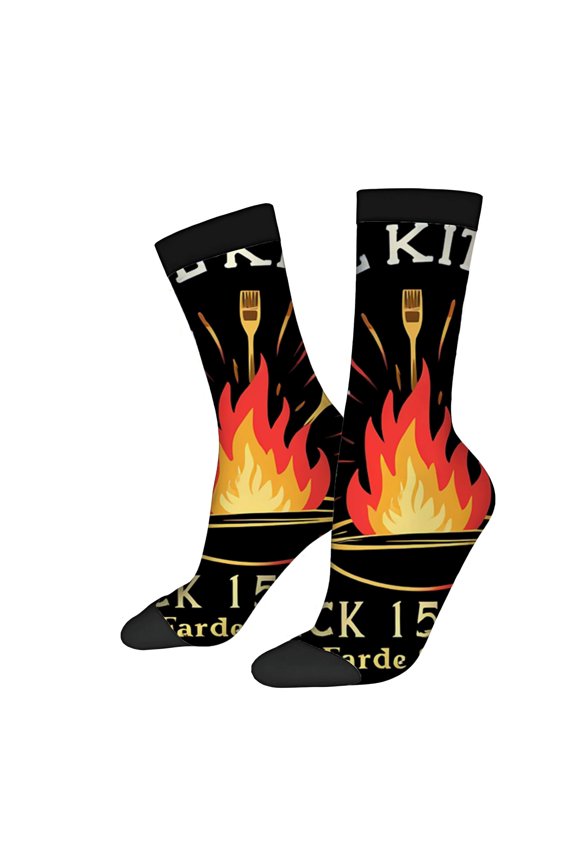 Unisex Trendy Socks (2 Pairs) - Stylish Black Background with Red & Orange Flame Design and Golden Paintbrush Perfect for All Seasons
