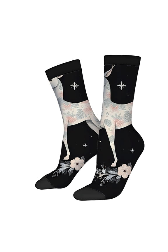 Unisex Trendy Socks (2 Pairs) - Stylish Floral Deer Design with Pink & Blue Accents Perfect for All Seasons Unique & Eye - Catching