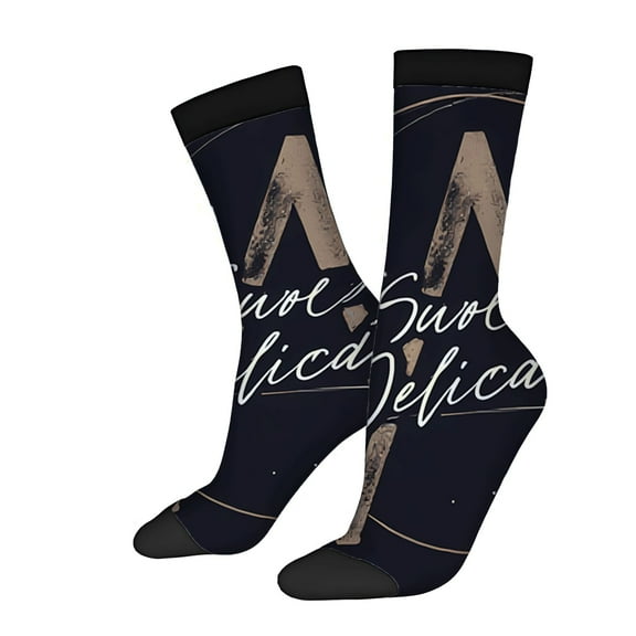Unisex Trendy Socks (2 Pairs) - Stylish Navy Blue with Large Light Brown ' A ' Cursive ' sweet ' & ' licencia ' Black Toe Caps & Cuffs