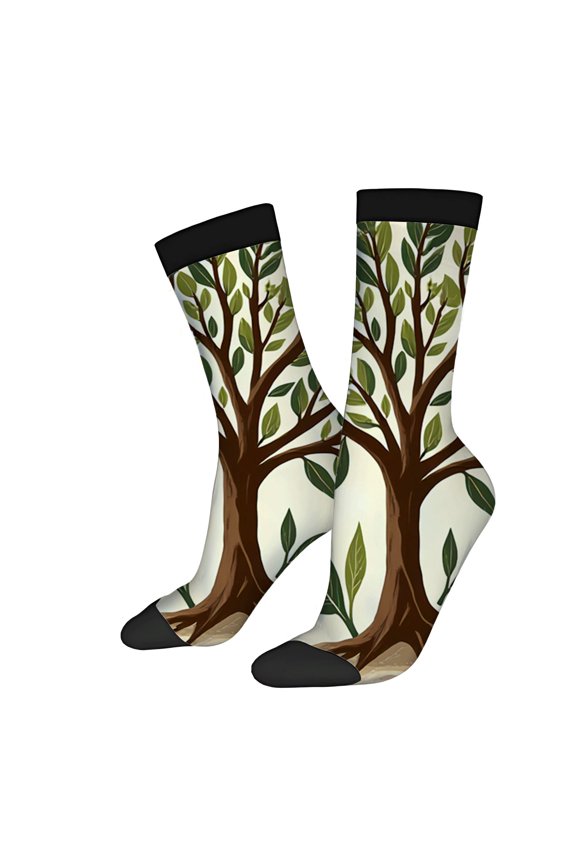 Unisex Trendy Socks (2 Pairs) - Stylish Tree Design with Brown Trunk & Green Leaves Perfect for All Seasons Mixed Colors