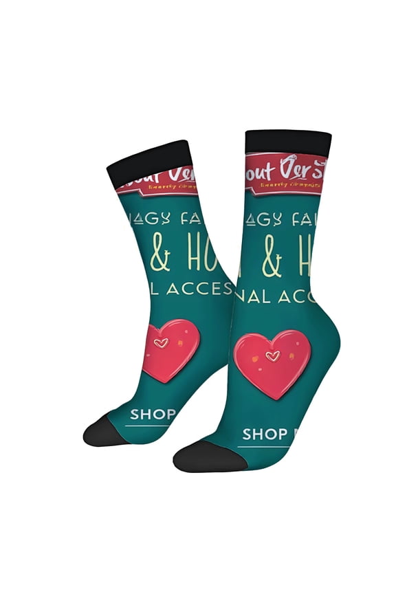 Unisex Trendy Socks (2 Pairs) - Teal Background with Black Toe Caps Red Heart Design ' Family ' Text Perfect for All Seasons
