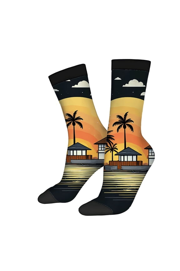 Unisex Trendy Socks (2 Pairs) - Vibrant Beach Sunset Design with Silhouetted Palm Trees Perfect for All Seasons