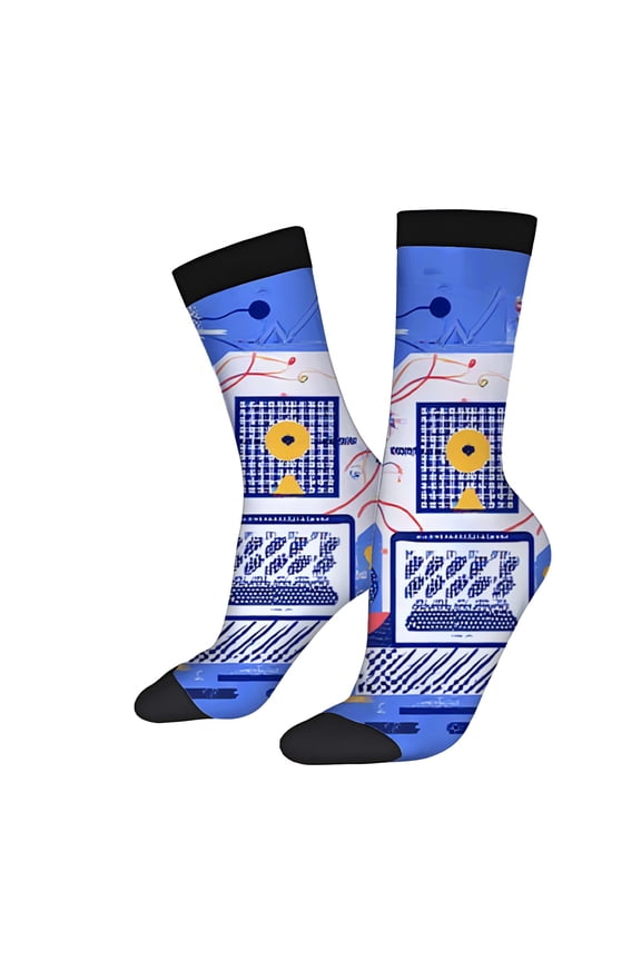 Unisex Trendy Socks (2 Pairs) - Vibrant Blue & White Computer Pattern with Keyboard Monitor and Circuitry Design All - Season Wear
