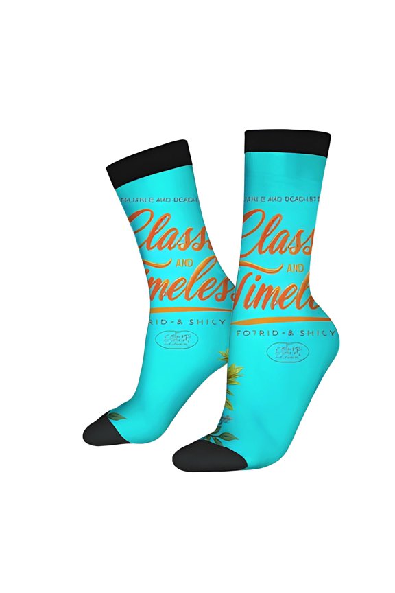 Unisex Trendy Socks - 2 Pairs Vibrant Blue with Black Toe Caps Bold Orange ' Class and Mealtime ' Design Perfect for All Seasons
