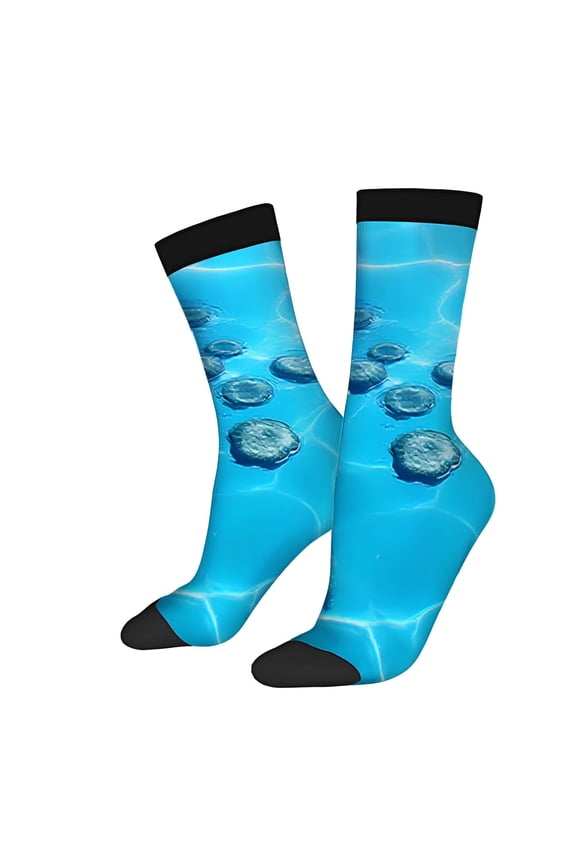 Unisex Trendy Socks (2 Pairs) - Vibrant Blue with Irregular Light Blue Bubble Patterns Black Cuffs Perfect for All Seasons
