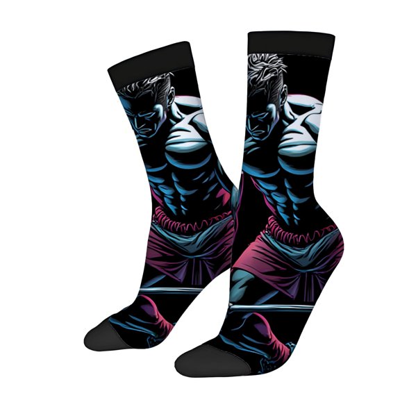 Unisex Trendy Socks (2 Pairs) - Vibrant Boxing Design with Muscular Figure in Blue & Purple Perfect for All Seasons