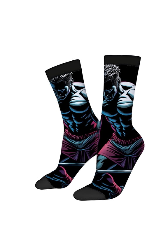 Unisex Trendy Socks (2 Pairs) - Vibrant Boxing Design with Muscular Figure in Blue & Purple Perfect for All Seasons