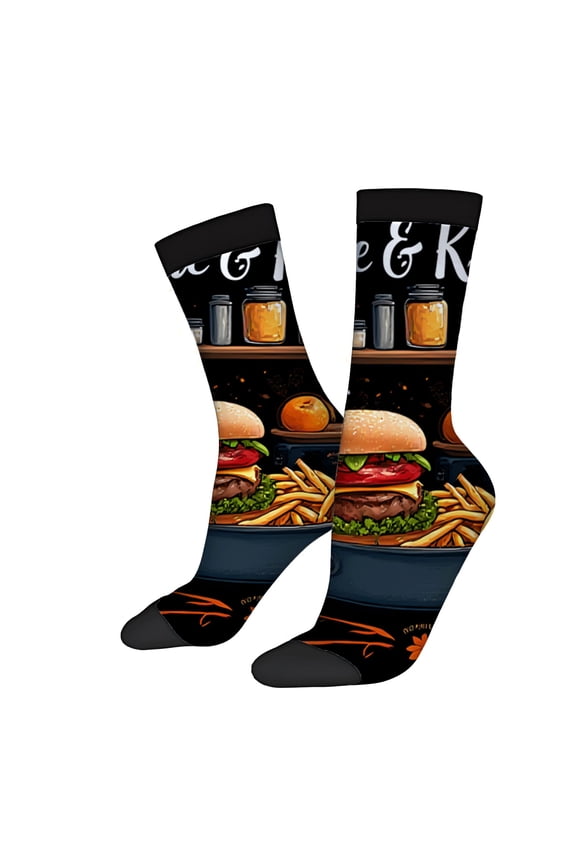 Unisex Trendy Socks (2 Pairs) - Vibrant Burger Design Playful Coffee & Kitchen Theme Perfect for All Seasons