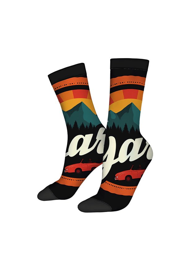 Unisex Trendy Socks (2 Pairs) - Vibrant California Design with Mountains Sunset and Classic Convertible - Perfect for All Seasons