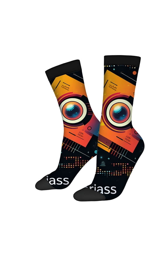 Unisex Trendy Socks (2 Pairs) - Vibrant Camera Lens Design with Geometric Patterns in Orange Yellow & Black - Four Seasons Universal Wear