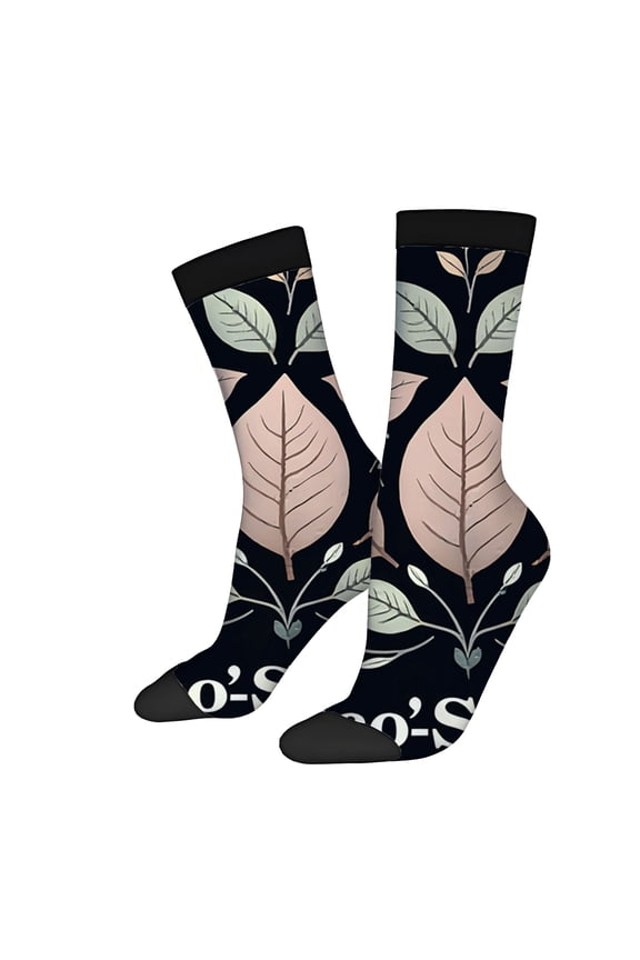 Unisex Trendy Socks (2 Pairs) - Vibrant Leaf Pattern in Pink & Green on Black Perfect for All Seasons Stylish & Comfortable