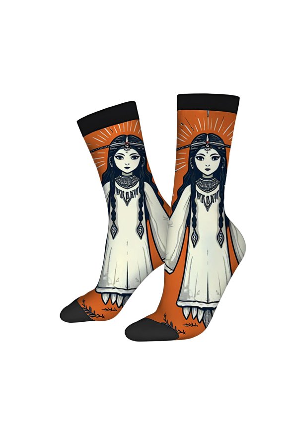 Unisex Trendy Socks (2 Pairs) - Vibrant Orange with Serene Woman in Traditional Attire Intricate Jewelry & Leaf Patterns Casual Wear