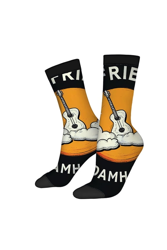 Unisex Trendy Socks - 2 Pairs Vibrant Orange with White Guitar & Clouds ' FRIDAY ' & Design Perfect for All Seasons