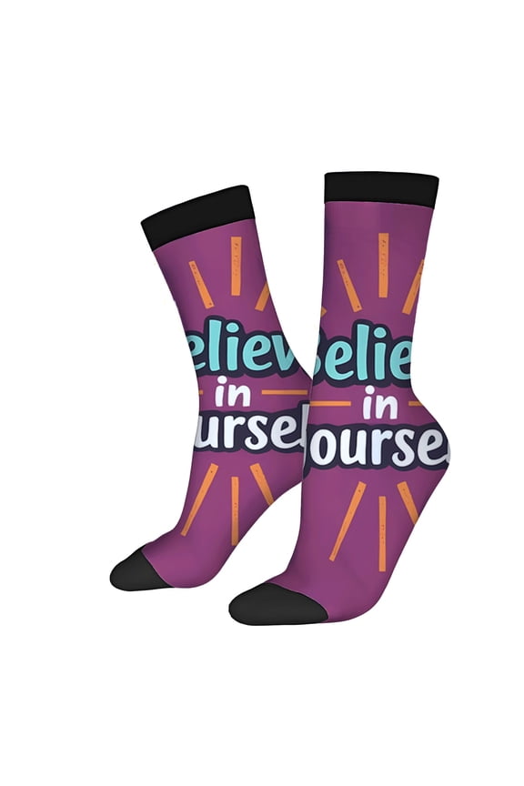 Unisex Trendy Socks - 2 Pairs Vibrant Purple with ' Believe in Yourself ' in Teal & White Dynamic Orange Black Toe Caps & Cuffs