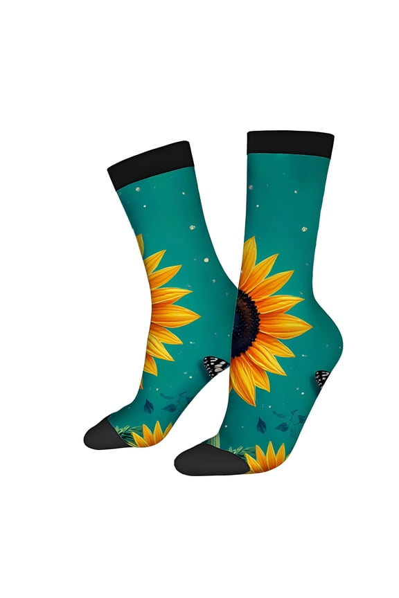 Unisex Trendy Socks (2 Pairs) - Vibrant Sunflower Design on Teal Black Cuffs & Toes Perfect for All Seasons Stylish & Fun