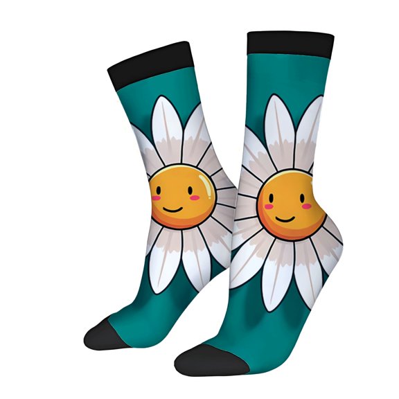 Unisex Trendy Socks (2 Pairs) - Vibrant Teal with Cheerful Yellow White Petals Perfect for All Seasons
