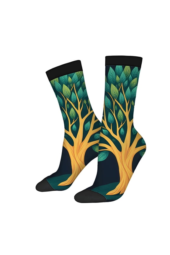 Unisex Trendy Socks (2 Pairs) - Vibrant Tree Design with Green Leaves & Yellow Trunk Perfect for All Seasons Mixed Color Style