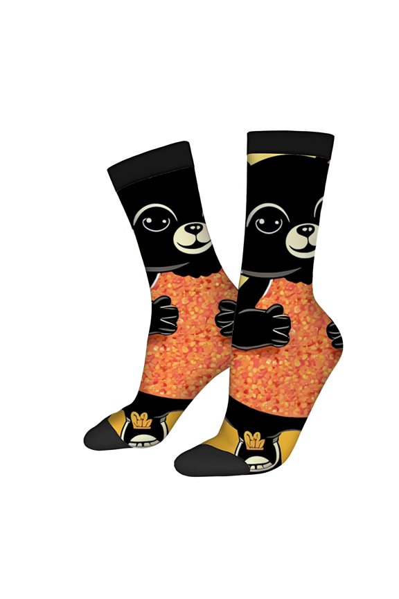 Unisex Trendy Socks (2 Pairs) - Whimsical Cartoon Bear Design with Orange Bean Shirt & Crown Perfect for All Seasons