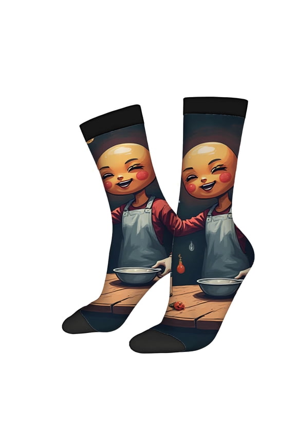 Unisex Trendy Socks (2 Pairs) - Whimsical Cartoon Character Design with Cheerful Bald Head Red Shirt - Perfect for All Seasons