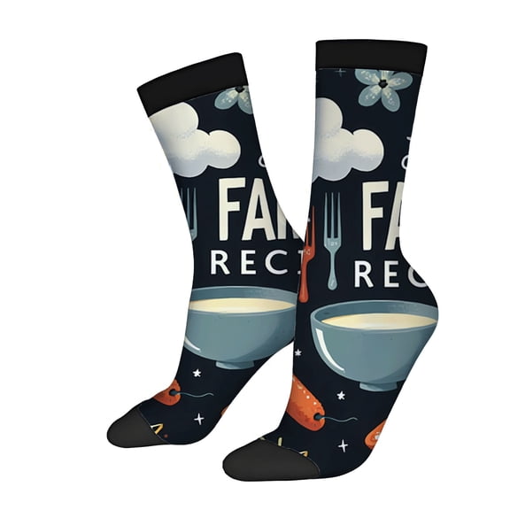 Unisex Trendy Socks (2 Pairs) - Whimsical Soup Design with Forks ' FAMILY ' Text Stars & Cloud Perfect for All Seasons