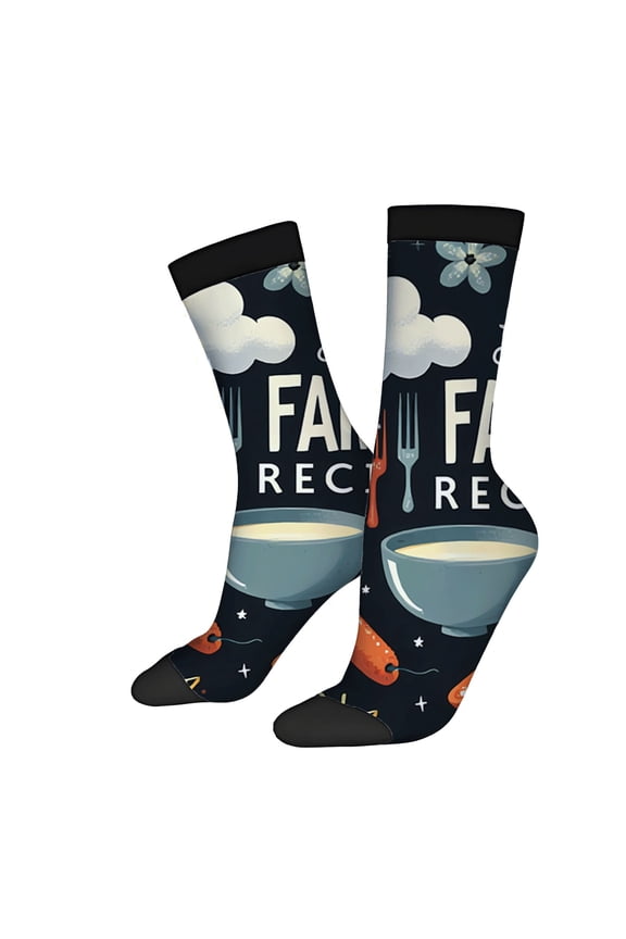 Unisex Trendy Socks (2 Pairs) - Whimsical Soup Design with Forks ' FAMILY ' Text Stars & Cloud Perfect for All Seasons