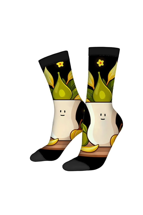 Unisex Trendy Socks (2 Pairs) - Whimsical White Base with Smiling Face Green Leaves Yellow Flower & Black Accents - Perfect for All Seasons