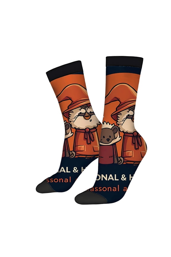 Unisex Trendy Socks (2 Pairs) - Whimsical Wizard & Bear Design Cozy Mixed Colors Perfect for All Seasons Fun Casual Wear