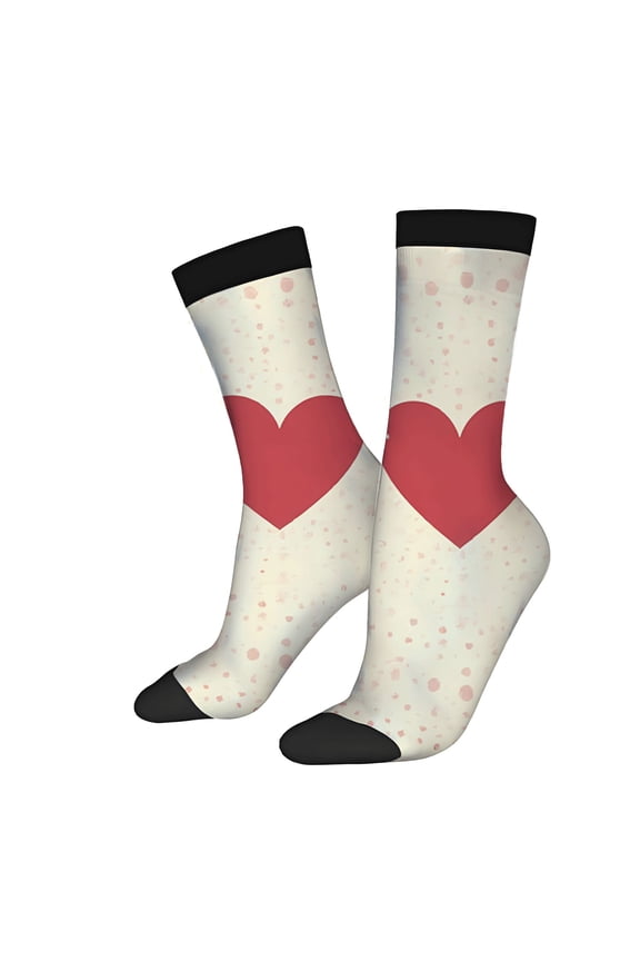 Unisex Trendy Socks (2 Pairs) - White with Pink Dots & Red Heart Design Black Toe Caps & Cuffs Perfect for All Seasons