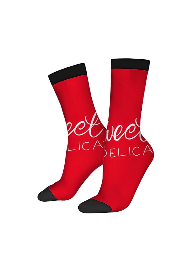 Unisex Trendy Socks - 2 Pairs of Bright Red & Black Toe Cap Socks with ' Sweet Delica ' Text Stylish Mixed Color Design for All Seasons