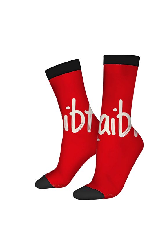 Unisex Trendy Socks - 2 Pairs of Bright Red Socks with Black Toe Caps & Cuffs Unique ' ibtaib ' Text Design Perfect for All Seasons