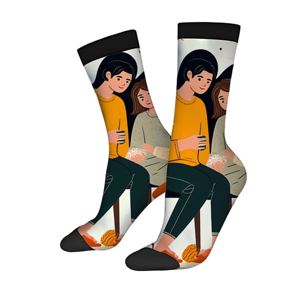 Unisex Trendy Socks - 2 Pairs of Colorful Mixed Design Socks Featuring Playful Illustration of Friends in Vibrant Colors