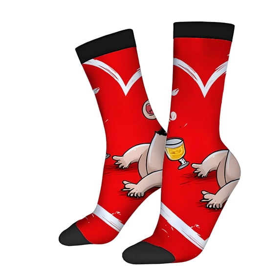 Unisex Trendy Socks - 2 Pairs of Playful Red Socks with Cartoon Pig Glass Design Perfect for All Seasons