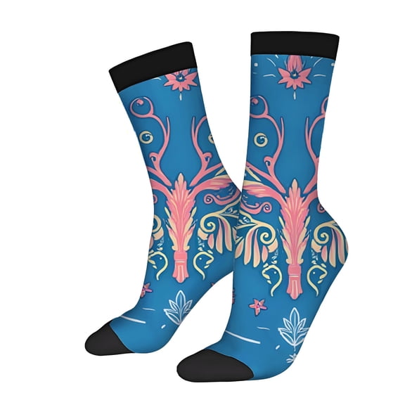 Unisex Trendy Socks - 2 Pairs of Vibrant Floral & Leaf Patterned Socks with Black Cuffs & Soles Perfect for All Seasons