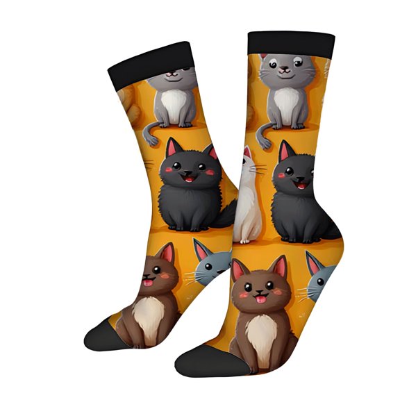 Unisex Trendy Socks - 2 Pairs of Vibrant Yellow Cat Pattern Socks with Playful Illustrations Perfect for All Seasons