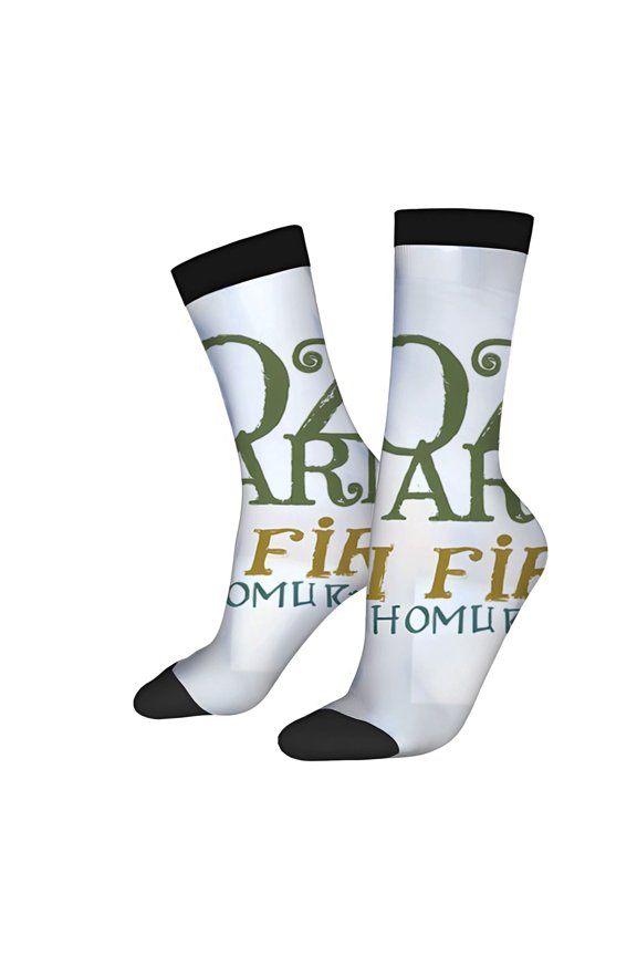 Unisex Trendy Socks - 2 Pairs with Artistic Green & Yellow ' ARAK ' & ' FÍSÍ FÍR ' Design on White Black Bottom Perfect for All Seasons