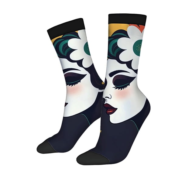 Unisex Trendy Socks - 2 Pairs with Artistic Woman ' s Face Design Bold Colors & Floral Accents Perfect for All Seasons