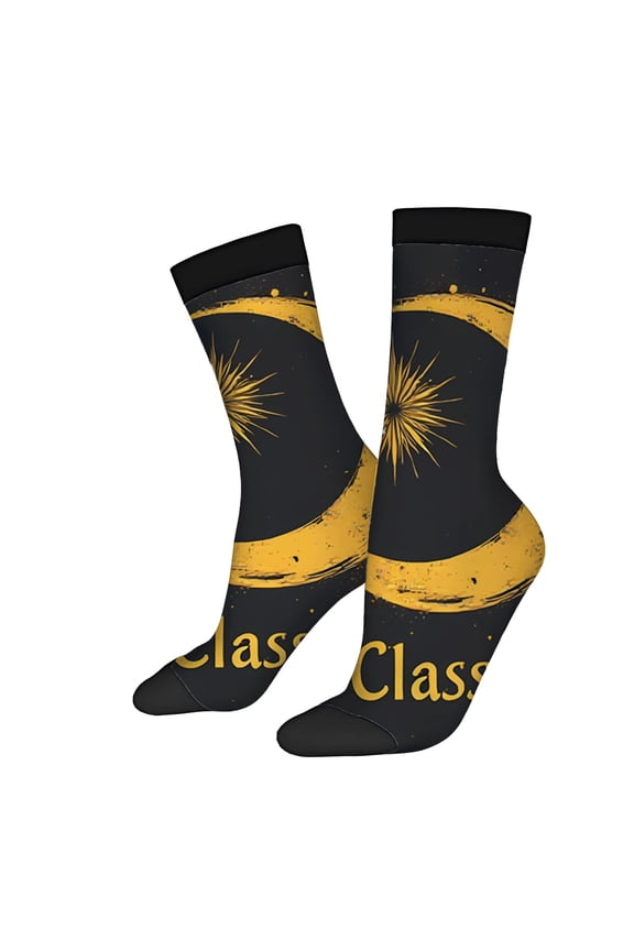 Unisex Trendy Socks - 2 Pairs with Black Background & Golden Design ' Class ' Print Ribbed Cuff Perfect for All Seasons