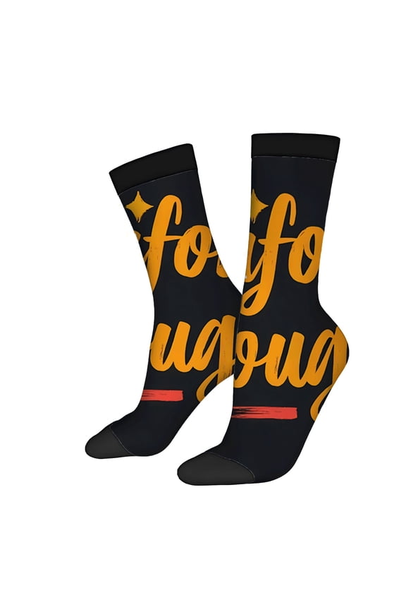 Unisex Trendy Socks - 2 Pairs with Black Background Yellow ' For You ' Cursive Text Star Accent and Red Line - Perfect for All Seasons