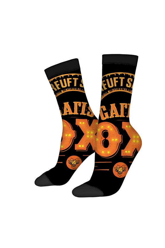 Unisex Trendy Socks - 2 Pairs with Bold ' FUFT S ' & ' AT THE CATTLE ' Text on Black Background Perfect for All Seasons