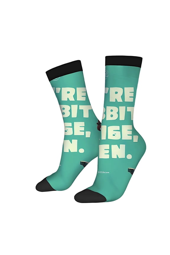 Unisex Trendy Socks - 2 Pairs with Bold Text Design Teal Background Black Toe Caps & Cuffs Perfect for All Seasons
