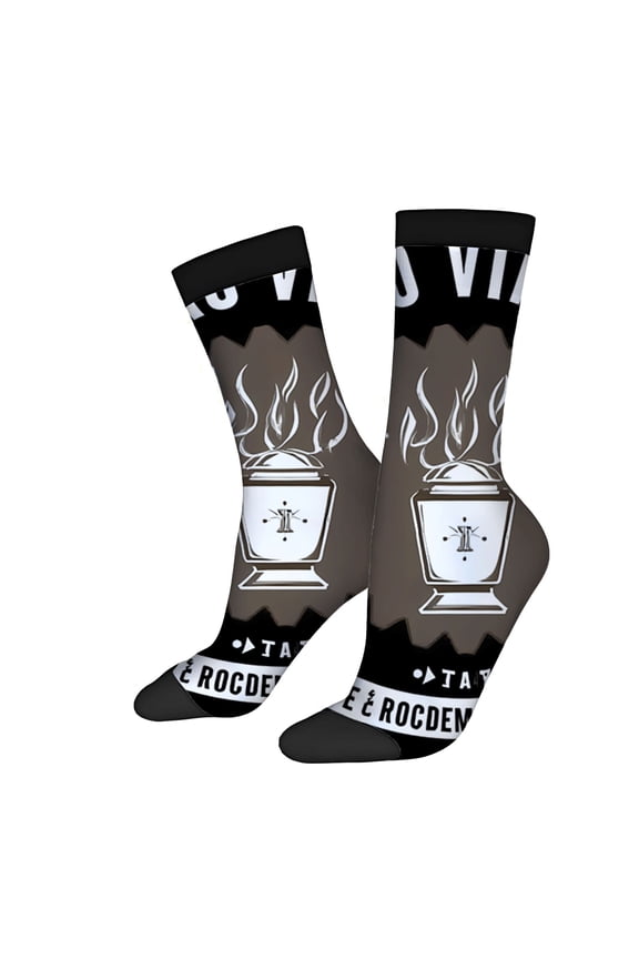 Unisex Trendy Socks - 2 Pairs with Brown Background White Urn Design & ' TASTE ' and Text Perfect for All Seasons