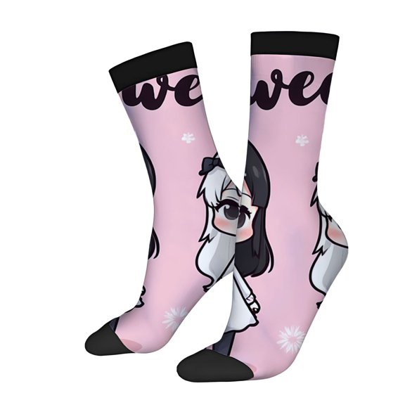 Unisex Trendy Socks - 2 Pairs with Cartoon Character Design Pink Background Black Bow and Cursive ' We ' - Perfect for All Seasons
