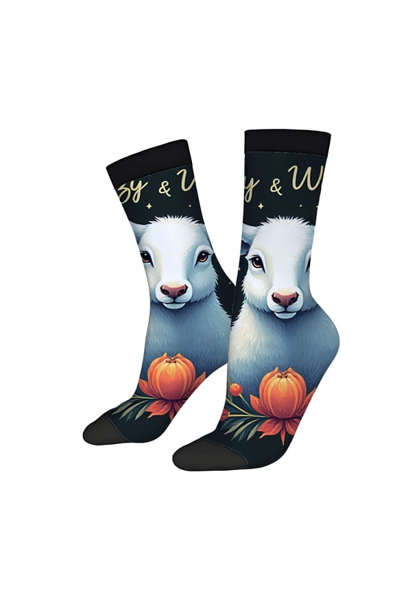 Unisex Trendy Socks - 2 Pairs with Charming Sheep Face Design Vibrant Flowers & Night Sky Pattern Perfect for All Seasons