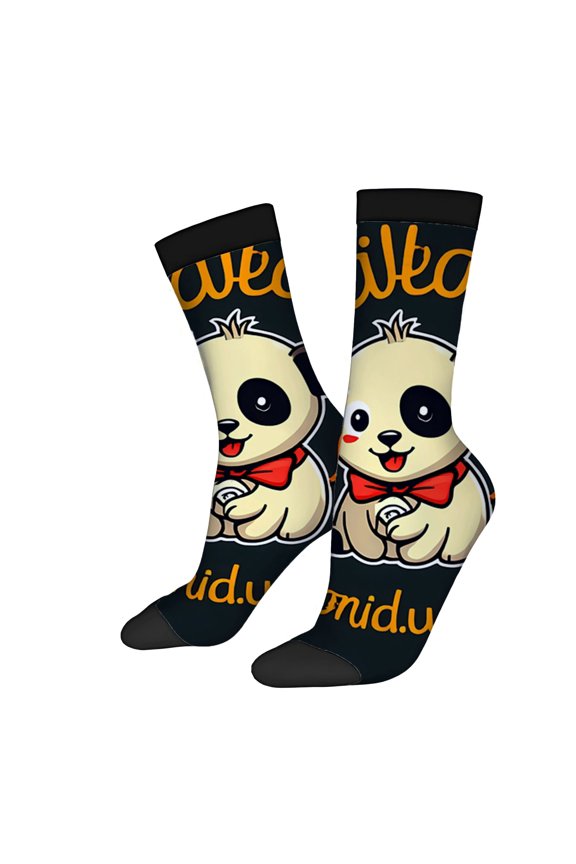 Unisex Trendy Socks - 2 Pairs with Cheerful Cartoon Panda Design Red Bow Tie Dark Colors Perfect for All Seasons