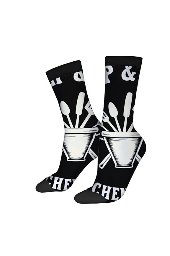 Unisex Trendy Socks - 2 Pairs with Chef Design: Metallic Pot & Utensils Stylish Mixed Colors for All Seasons Perfect for Cooking Enthusiasts