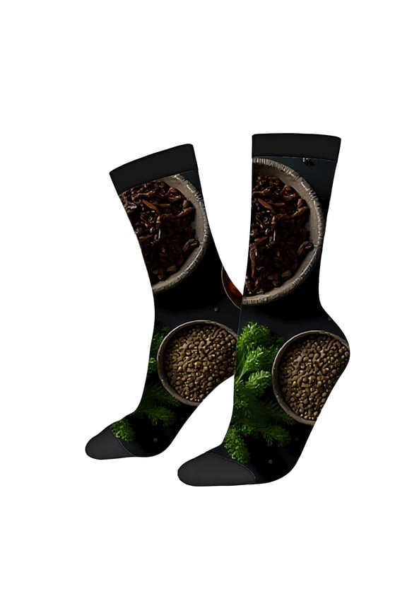 Unisex Trendy Socks - 2 Pairs with Coffee Beans & Green Herbs Design Stylish Mixed Color Socks for All Seasons