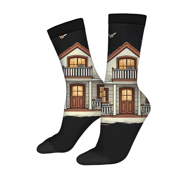 Unisex Trendy Socks - 2 Pairs with Cozy House Design Red Roof & Wooden Doors Perfect for All Seasons Mixed Color Style
