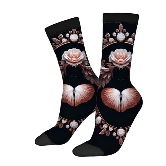 Unisex Trendy Socks - 2 Pairs with Elegant Pink & White Rose Design Intricate Floral Patterns Heart - Shaped Feathers All - Season Wear